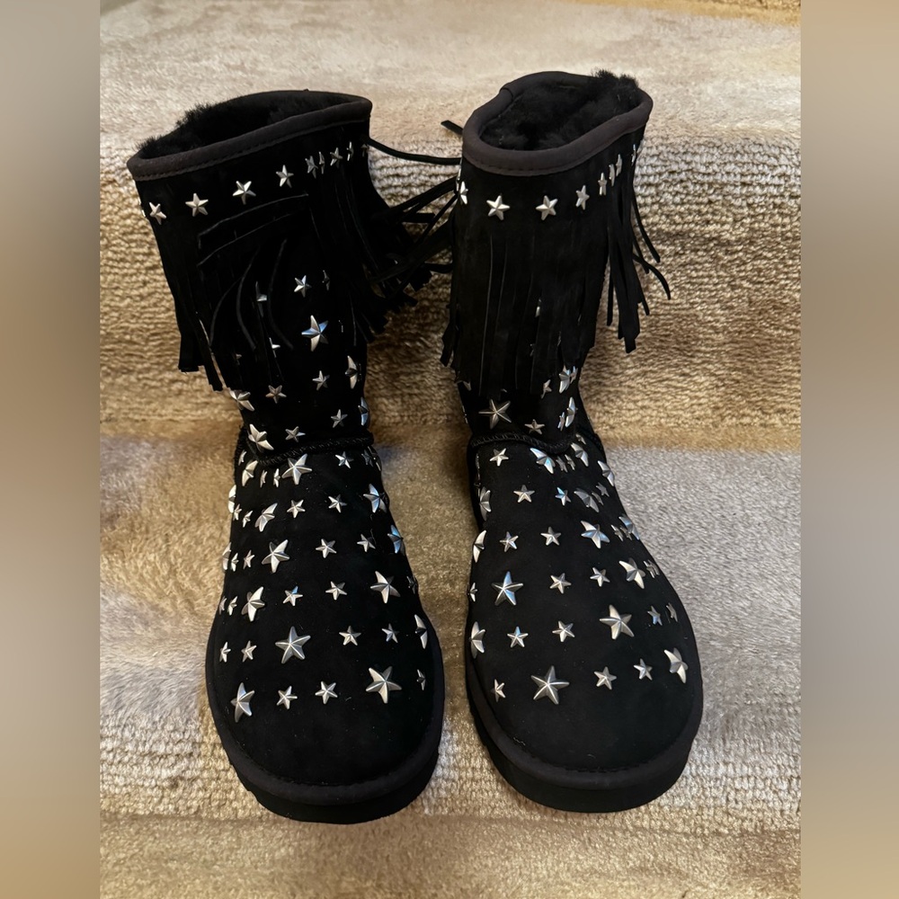 Limited edition Jimmy Choo UGG boots. Star studded, suede boots w/ fringe. Size7